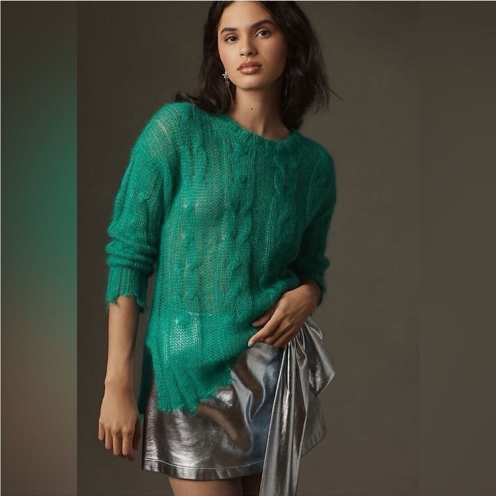 Anthropologie The Posey Stitchy Green Wool Open Knit Distressed Crew Sweater